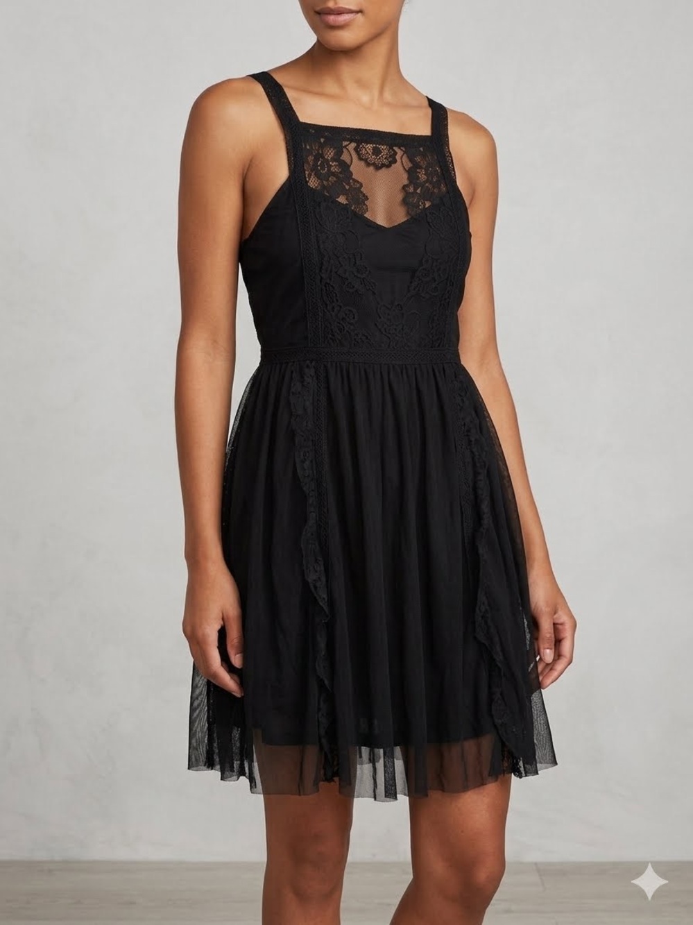 Free People Anthropologie Women's Black Lace Square-Neck Fit & Flare Boho Dress